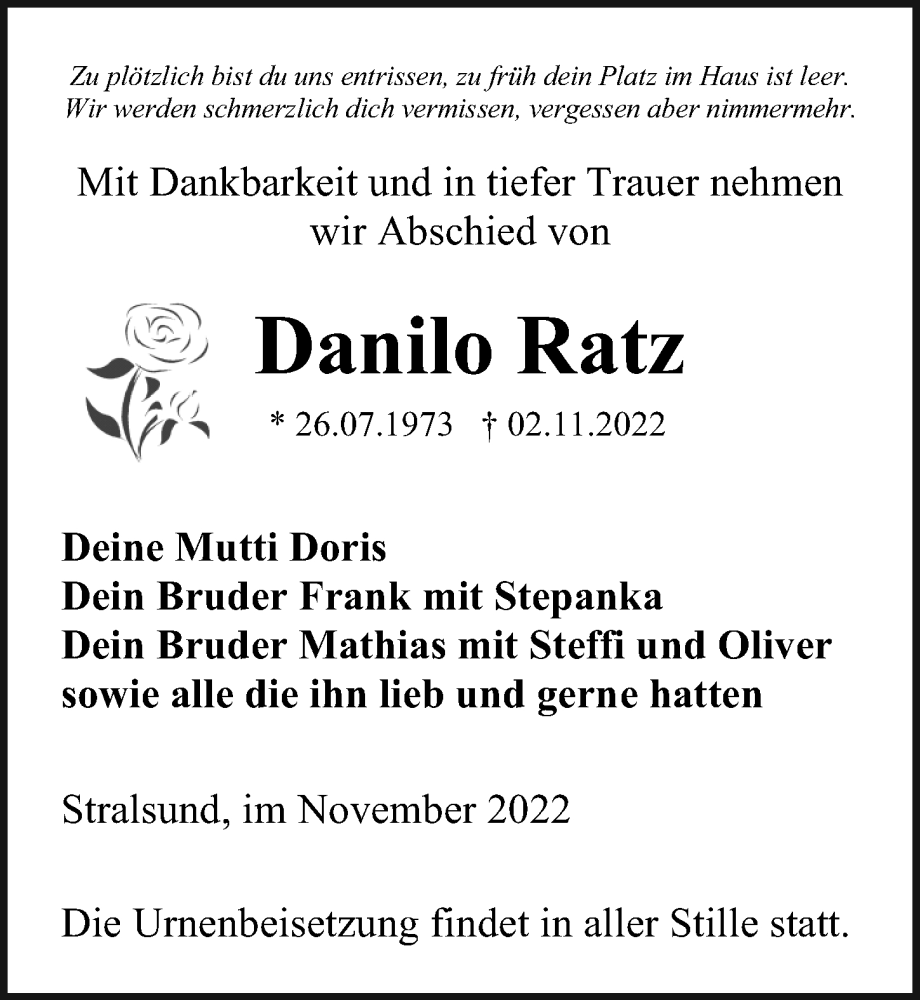  Traueranzeige für Danilo Ratz vom 12.11.2022 aus Ostsee-Zeitung GmbH