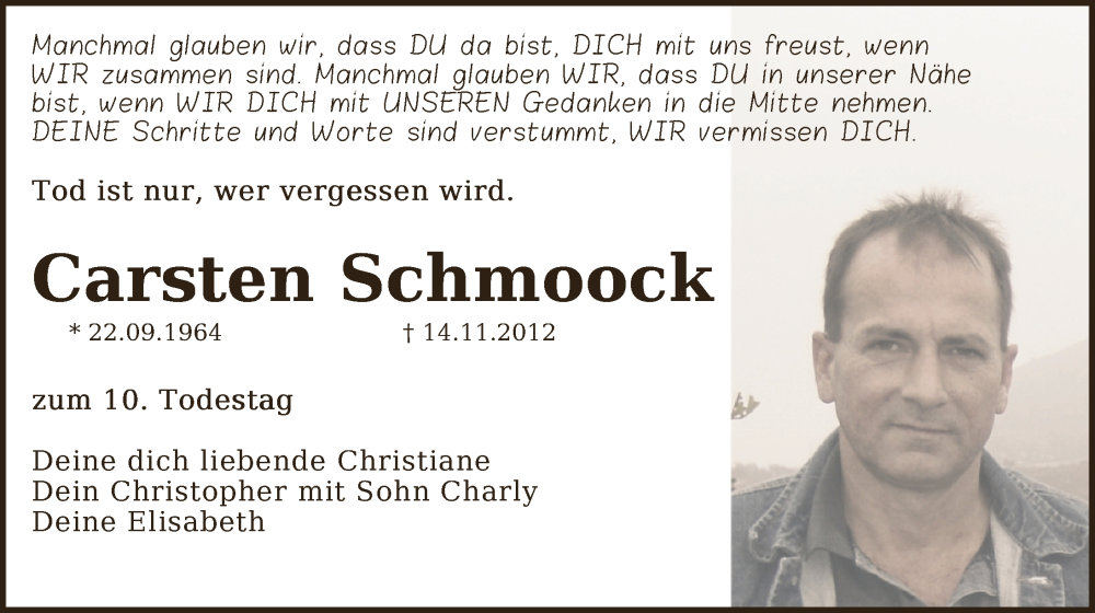  Traueranzeige für Carsten Schmoock vom 14.11.2022 aus 