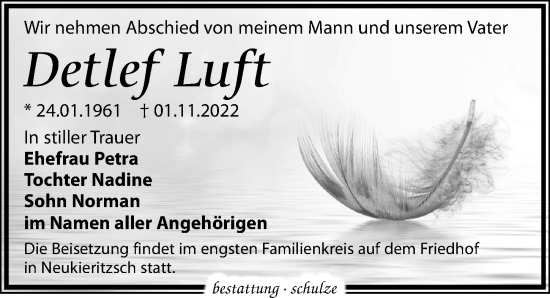 Traueranzeige von Detlef Luft von Leipziger Volkszeitung