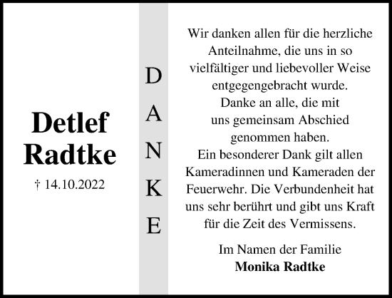 Traueranzeige von Detlef Radtke von Lübecker Nachrichten