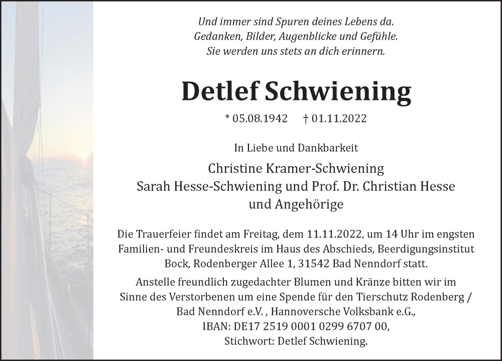 Traueranzeige für Detlef Schwiening vom 05.11.2022 aus Hannoversche Allgemeine Zeitung/Neue Presse