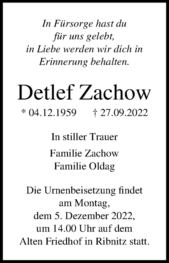 Traueranzeige von Detlef Zachow von Ostsee-Zeitung GmbH