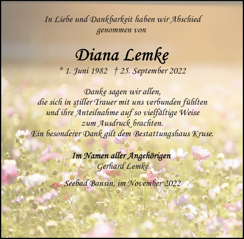  Traueranzeige für Diana Lemke vom 12.11.2022 aus Ostsee-Zeitung GmbH