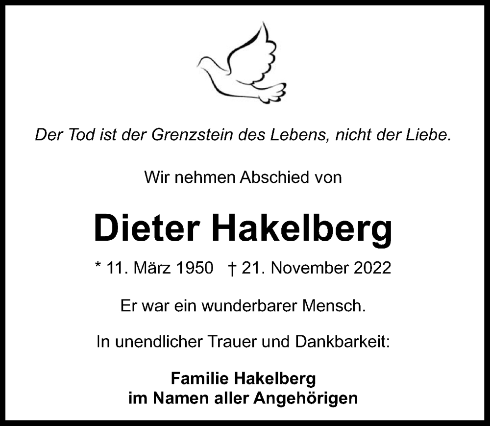  Traueranzeige für Dieter Hakelberg vom 26.11.2022 aus Ostsee-Zeitung GmbH