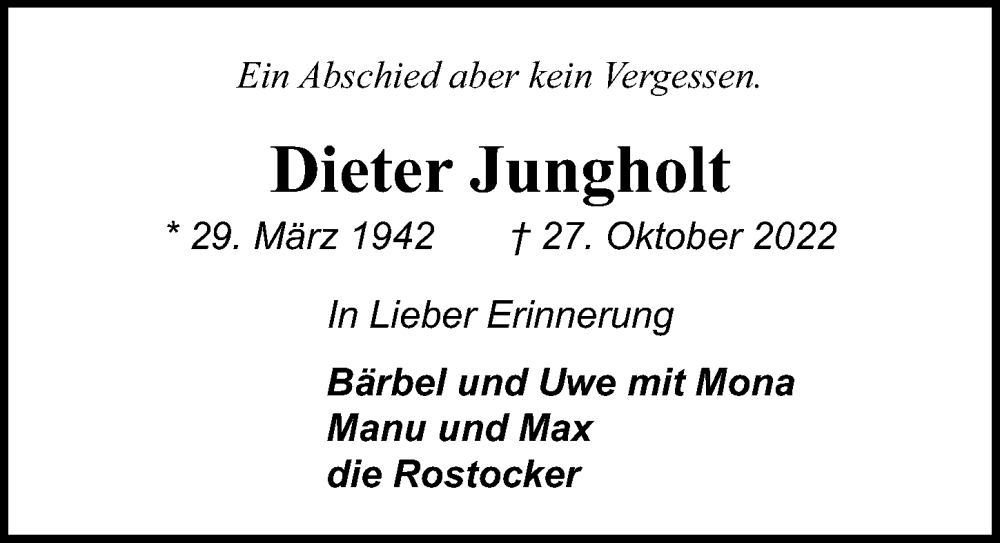  Traueranzeige für Dieter Jungholt vom 06.11.2022 aus Lübecker Nachrichten