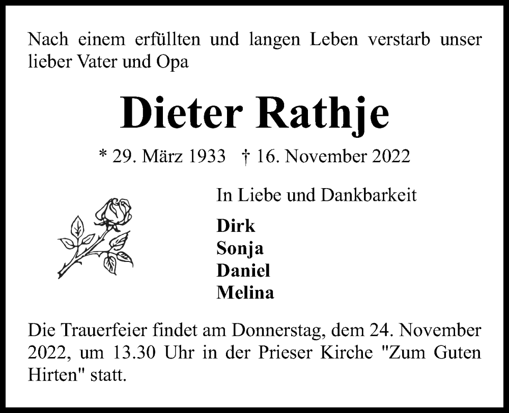  Traueranzeige für Dieter Rathje vom 23.11.2022 aus Kieler Nachrichten