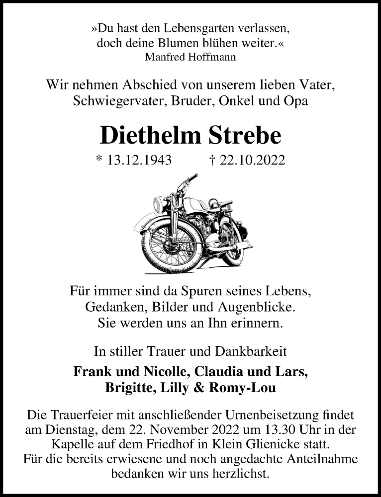  Traueranzeige für Diethelm Strebe vom 12.11.2022 aus Märkischen Allgemeine Zeitung