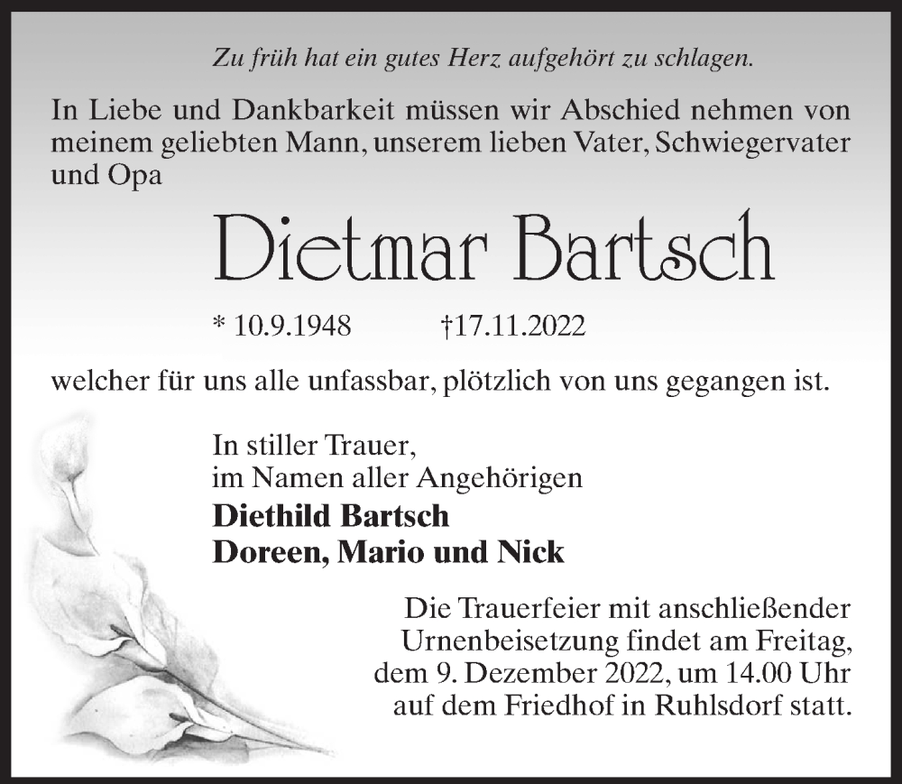 Traueranzeige für Dietmar Bartsch vom 26.11.2022 aus Märkischen Allgemeine Zeitung