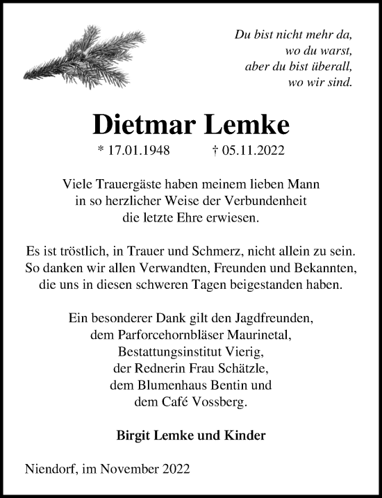 Traueranzeige von Dietmar Lemke von Ostsee-Zeitung GmbH