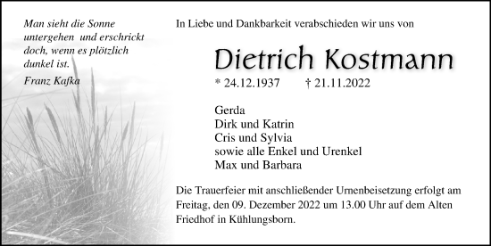 Traueranzeige von Dietrich Kostmann von Ostsee-Zeitung GmbH
