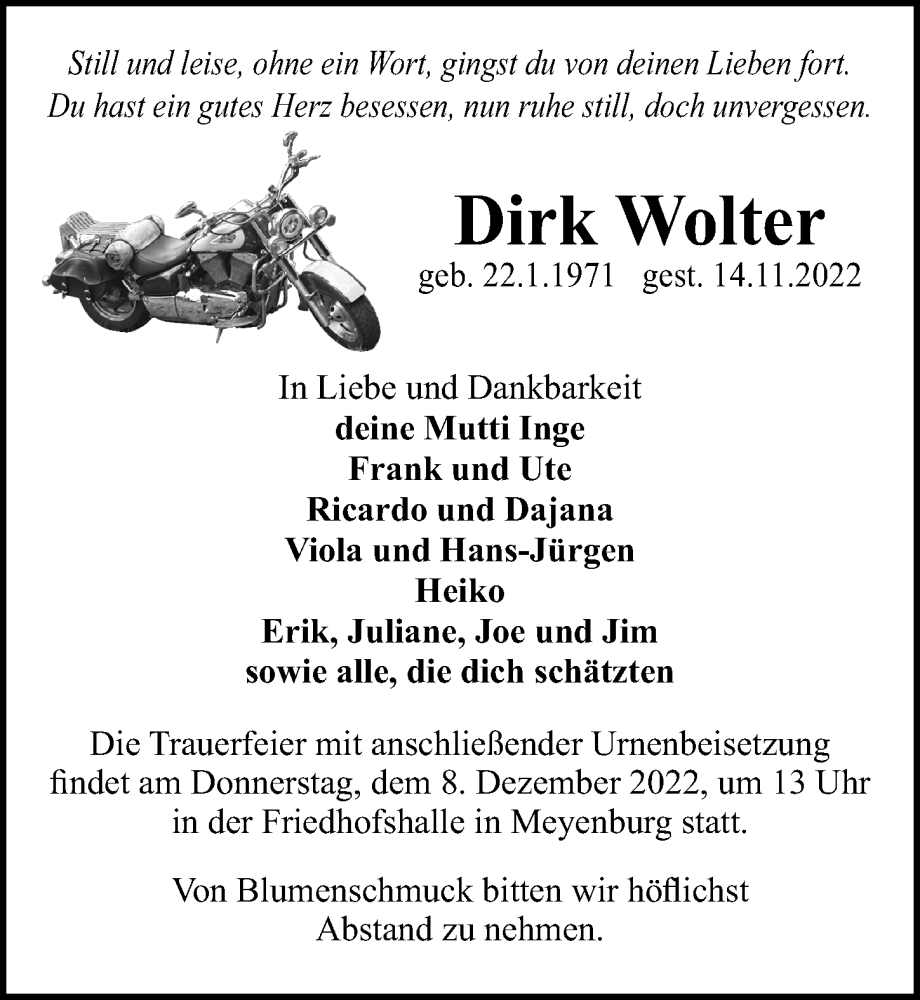  Traueranzeige für Dirk Wolter vom 19.11.2022 aus Märkischen Allgemeine Zeitung