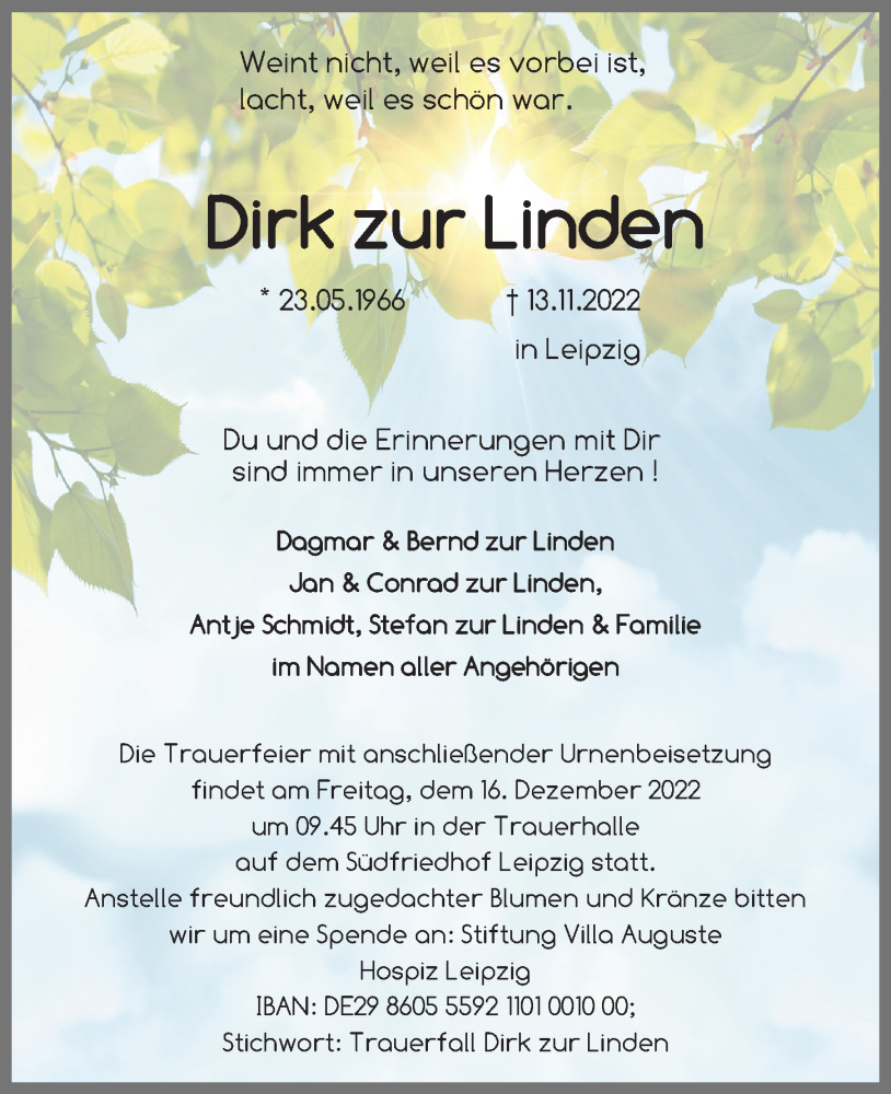 Traueranzeige für Dirk zur Linden vom 26.11.2022 aus Leipziger Volkszeitung