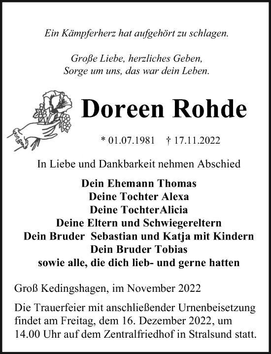 Traueranzeige von Doreen Rohde von Ostsee-Zeitung GmbH