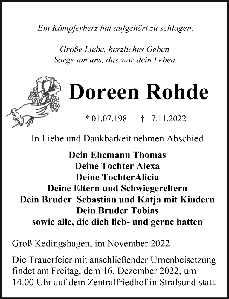  Traueranzeige für Doreen Rohde vom 26.11.2022 aus Ostsee-Zeitung GmbH