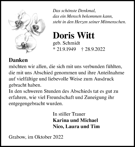 Traueranzeige von Doris Witt von Märkischen Allgemeine Zeitung