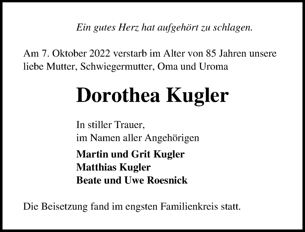  Traueranzeige für Dorothea Kugler vom 12.11.2022 aus Märkischen Allgemeine Zeitung