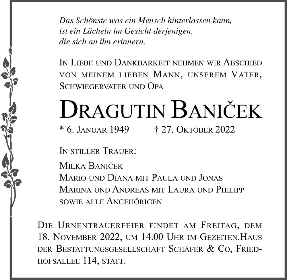  Traueranzeige für Dragutin Banicek vom 06.11.2022 aus Lübecker Nachrichten