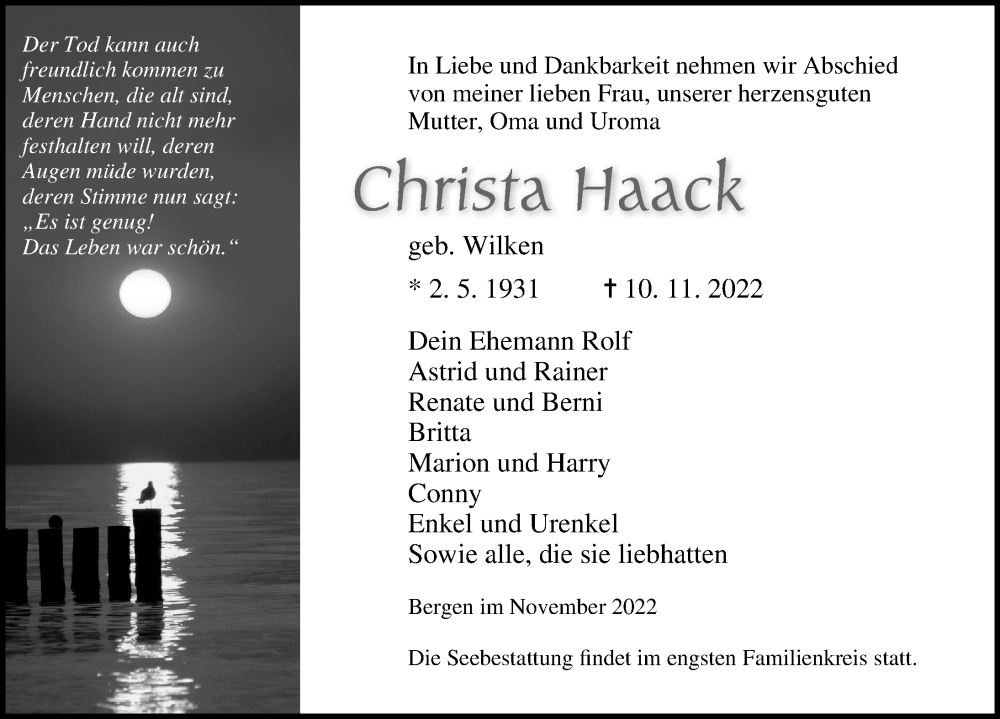  Traueranzeige für Christa Haack vom 19.11.2022 aus 
