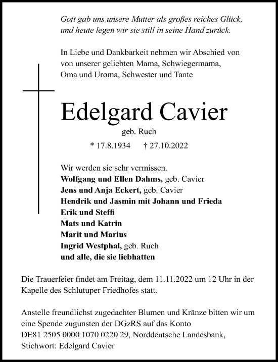 Traueranzeige von Edelgard Cavier von Lübecker Nachrichten