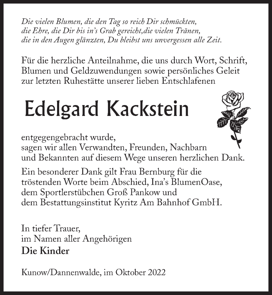  Traueranzeige für Edelgard Kackstein vom 05.11.2022 aus Märkischen Allgemeine Zeitung