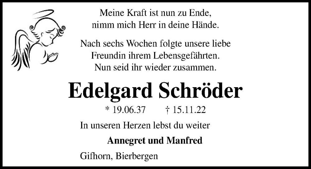  Traueranzeige für Edelgard Schröder vom 19.11.2022 aus Aller Zeitung