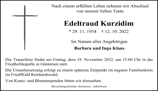 Traueranzeige von Edeltraud Kurzidim von Göttinger Tageblatt