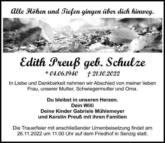 Traueranzeige von Edith Preuß von Märkischen Allgemeine Zeitung