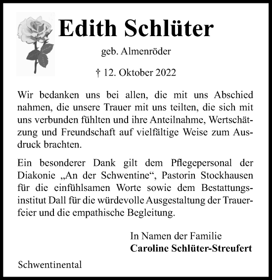 Traueranzeige von Edith Schlüter von Kieler Nachrichten