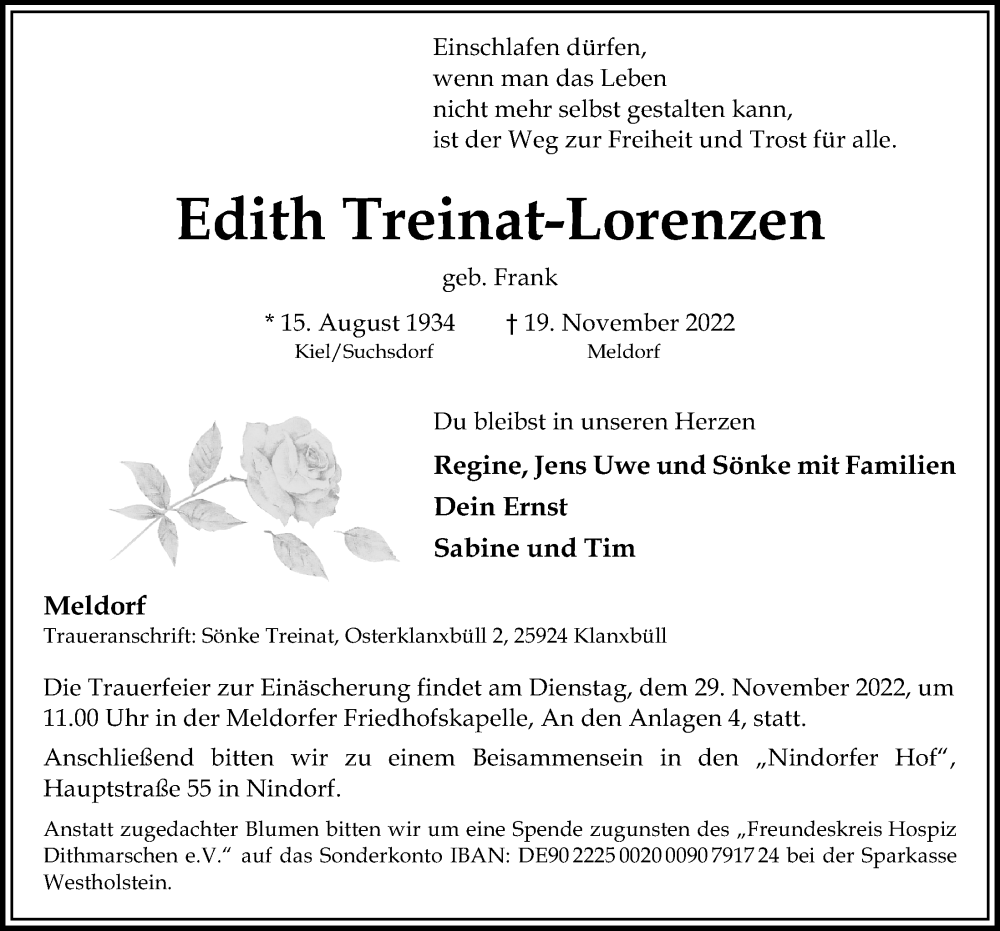  Traueranzeige für Edith Treinat-Lorenzen vom 23.11.2022 aus Kieler Nachrichten