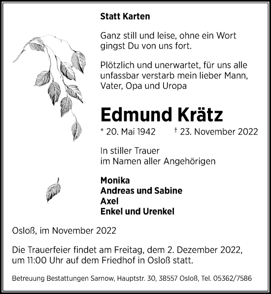 Traueranzeige von Edmund Krätz von Aller Zeitung