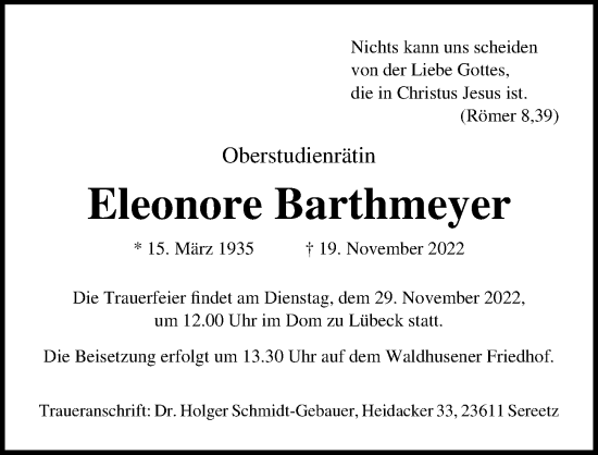 Traueranzeige von Eleonore Barthmeyer von Lübecker Nachrichten