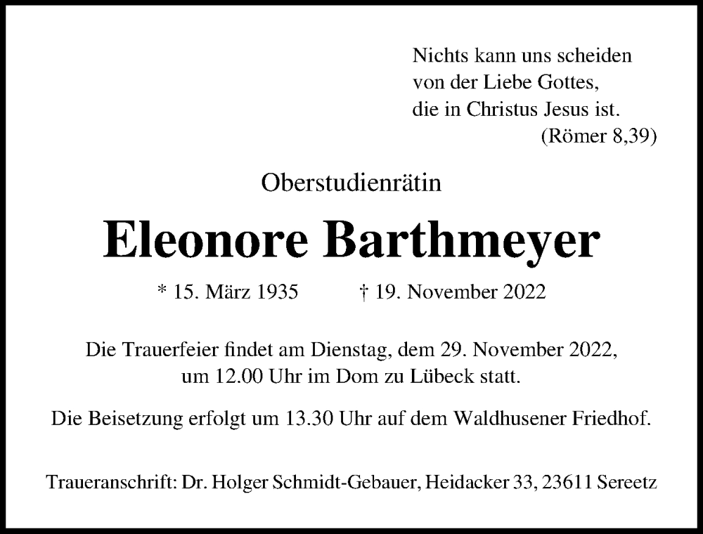  Traueranzeige für Eleonore Barthmeyer vom 27.11.2022 aus Lübecker Nachrichten