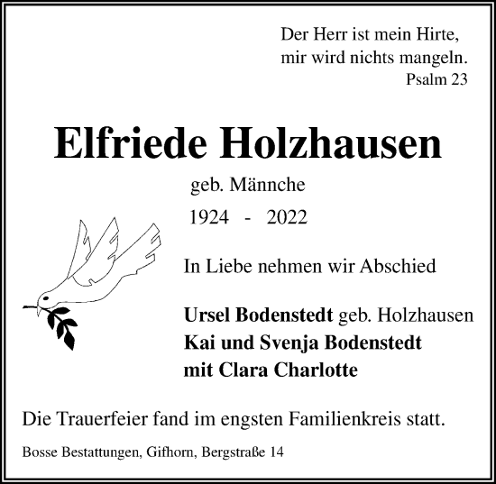 Traueranzeige von Elfriede Holzhausen von Aller Zeitung