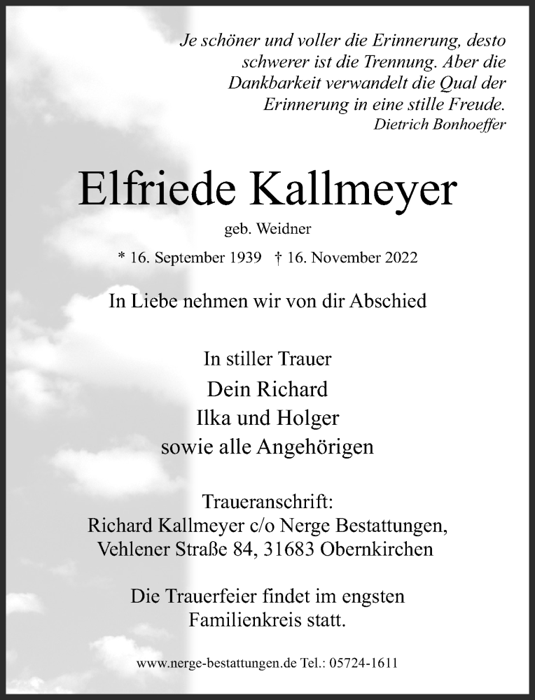  Traueranzeige für Elfriede Kallmeyer vom 19.11.2022 aus Schaumburger Nachrichten