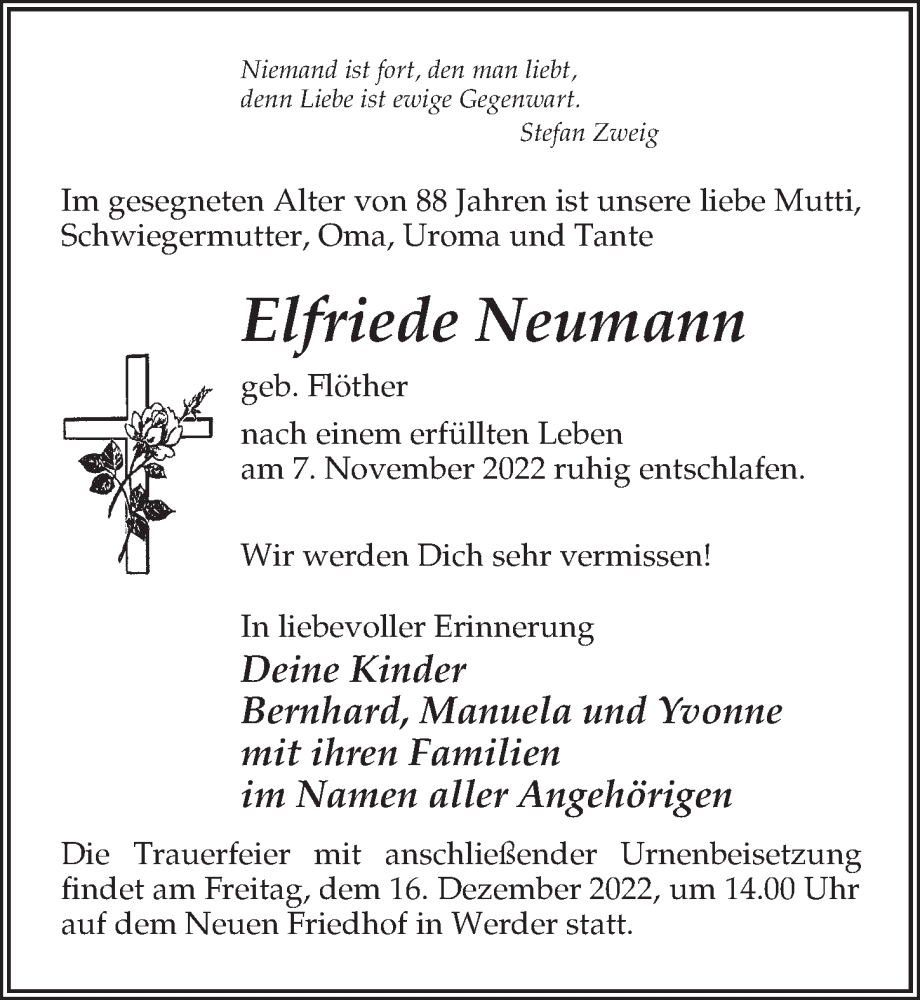 Traueranzeigen von Elfriede Neumann | trauer-anzeigen.de