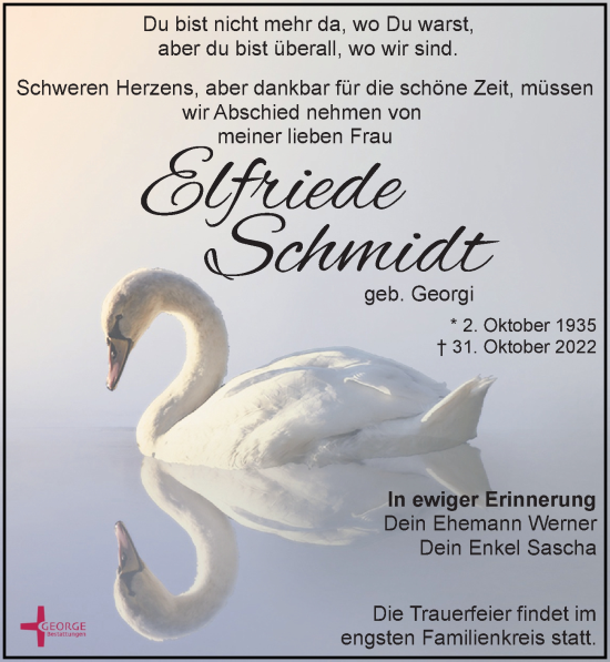 Traueranzeige von Elfriede Schmidt von Leipziger Volkszeitung