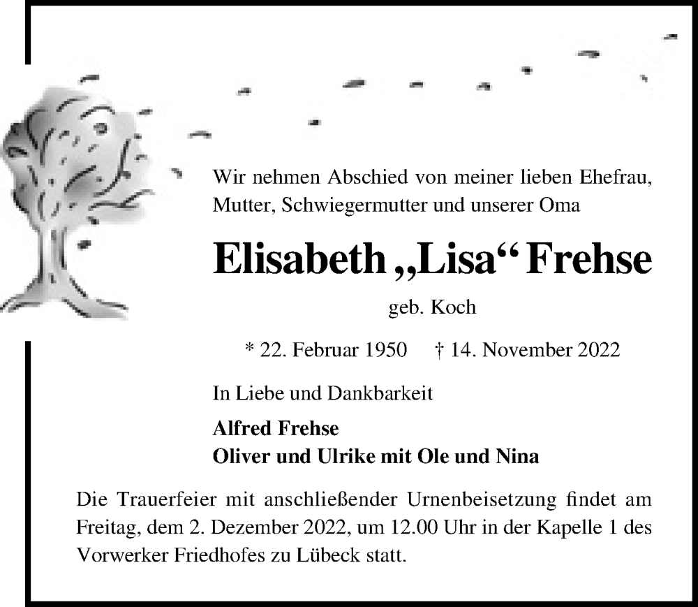 Traueranzeige für Elisabeth Frehse vom 27.11.2022 aus Lübecker Nachrichten