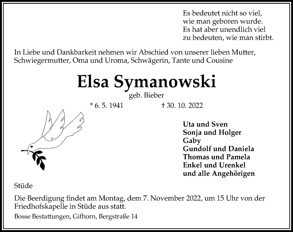  Traueranzeige für Elsa Symanowski vom 03.11.2022 aus Aller Zeitung