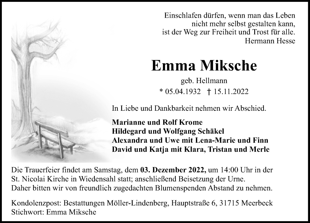  Traueranzeige für Emma Miksche vom 19.11.2022 aus Schaumburger Nachrichten