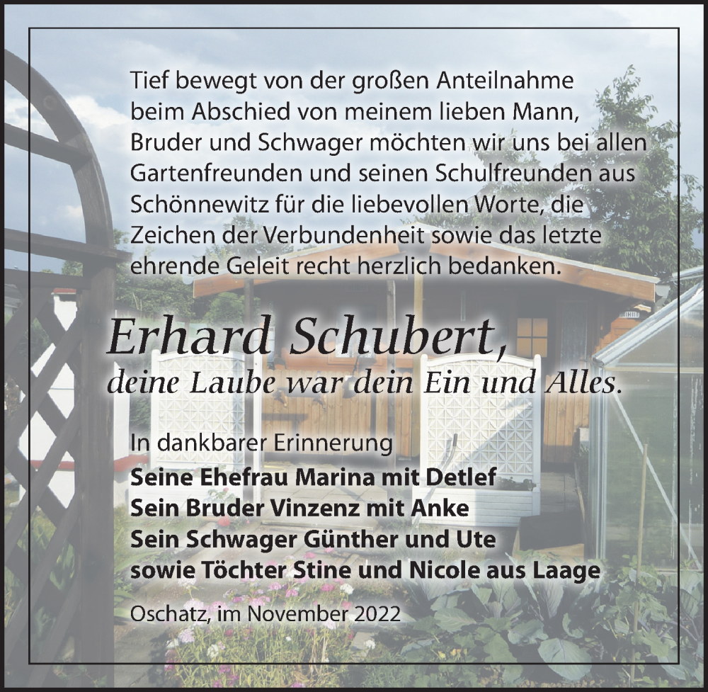  Traueranzeige für Erhard Schubert vom 12.11.2022 aus Leipziger Volkszeitung