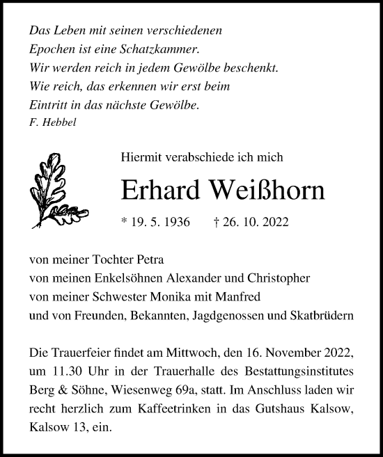 Traueranzeige von Erhard Weißhorn von Ostsee-Zeitung GmbH