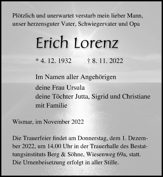 Traueranzeige von Erich Lorenz von Ostsee-Zeitung GmbH