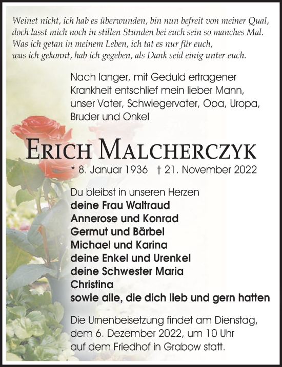 Traueranzeige von Erich Malcherczyk von Märkischen Allgemeine Zeitung