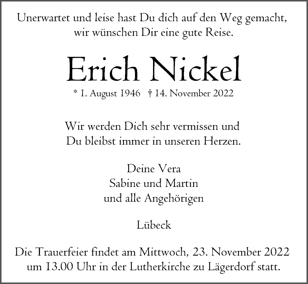  Traueranzeige für Erich Nickel vom 20.11.2022 aus Lübecker Nachrichten