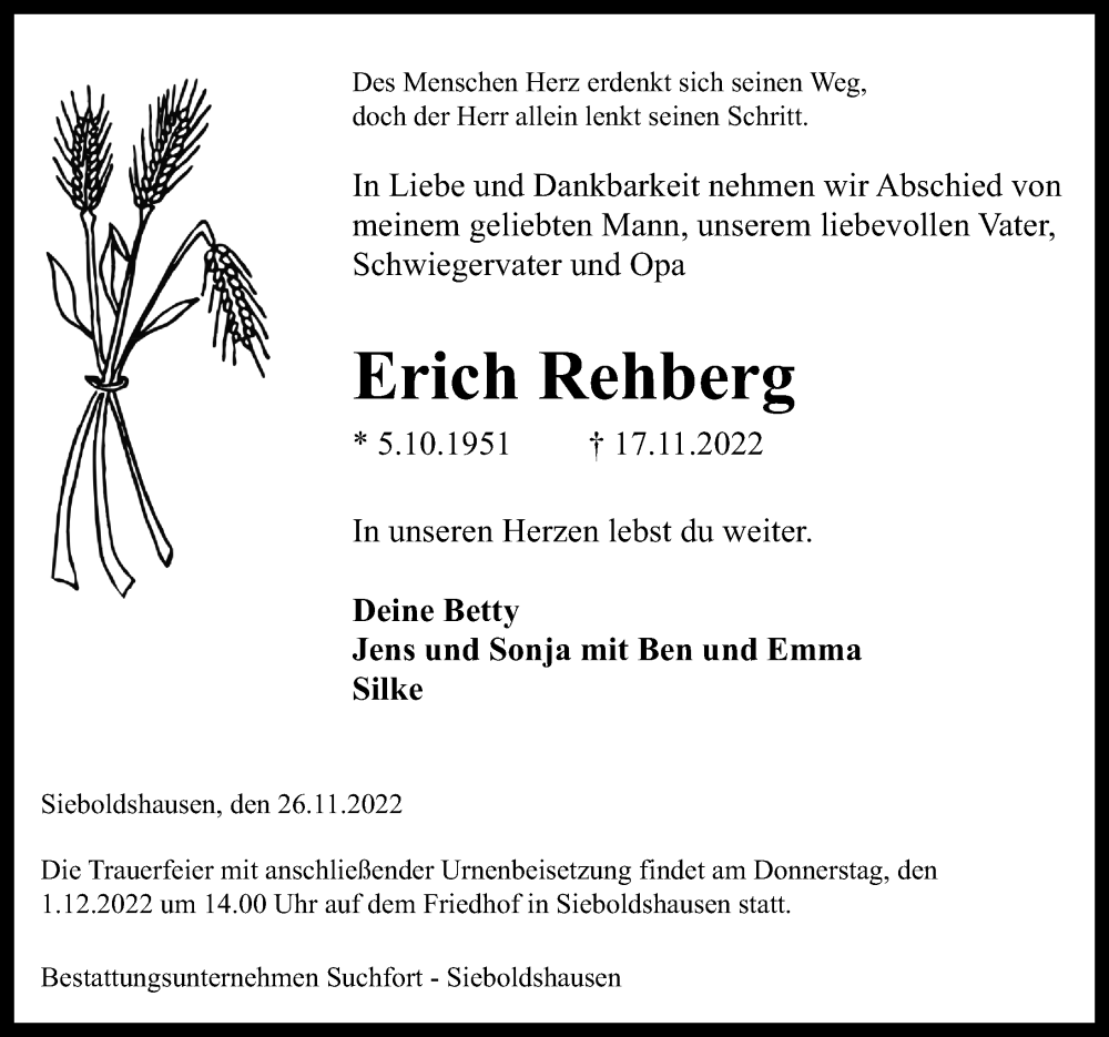 Traueranzeige für Erich Rehberg vom 26.11.2022 aus Göttinger Tageblatt