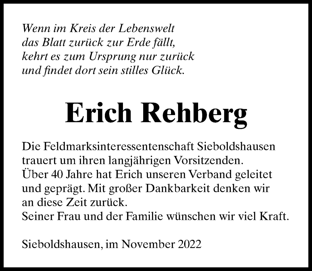  Traueranzeige für Erich Rehberg vom 26.11.2022 aus Göttinger Tageblatt