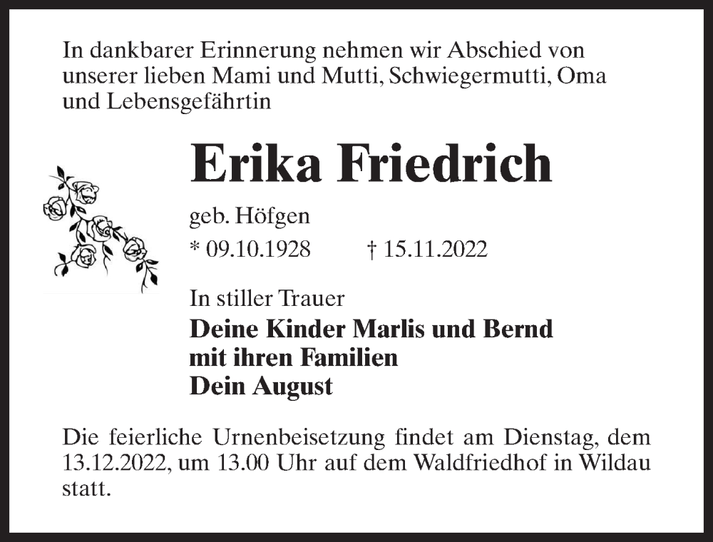 Traueranzeige für Erika Friedrich vom 19.11.2022 aus Märkischen Allgemeine Zeitung