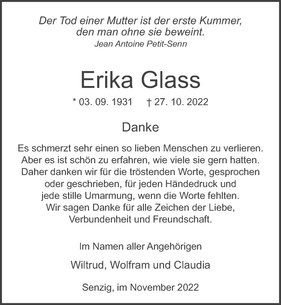  Traueranzeige für Erika Glass vom 26.11.2022 aus Märkischen Allgemeine Zeitung