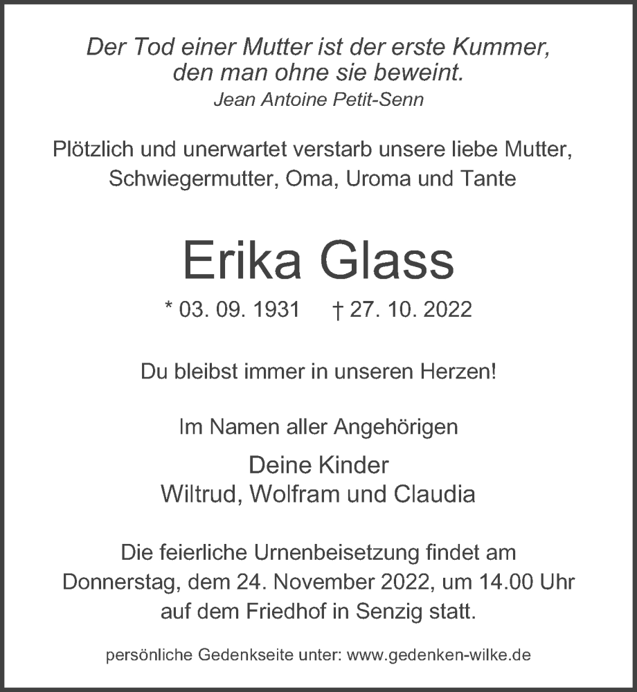  Traueranzeige für Erika Glass vom 05.11.2022 aus Märkischen Allgemeine Zeitung