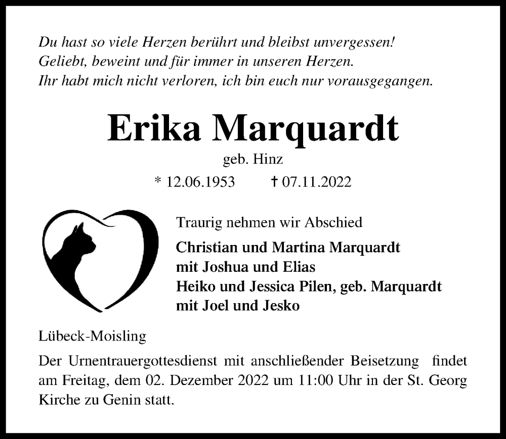  Traueranzeige für Erika Marquardt vom 27.11.2022 aus Lübecker Nachrichten